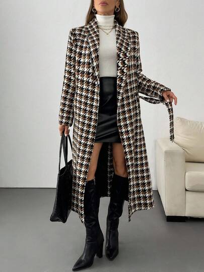 EURMUSE Women Brown Belt Detaıled Long Over Coat