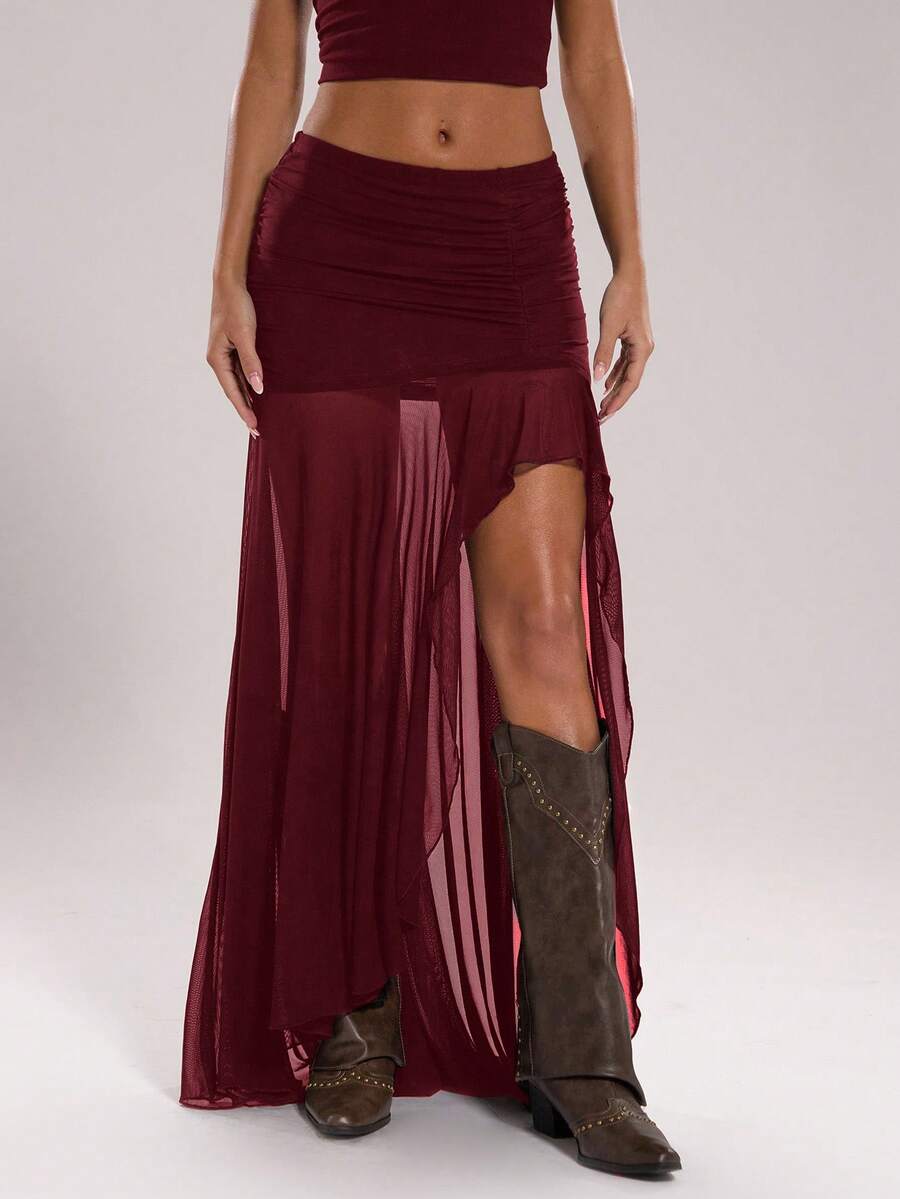 SHEIN BAE 女式纯色低腰高开衩裙 - 酒紅色 - 查看 1