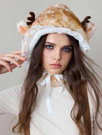 Kawaii 1pc Mori Girl Style Plush Faux Cute Lace Deer Ear Hat, Lace Trim Cute Hat, Thick Warm Ear Protection Hat For Winter