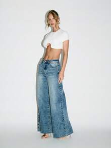 KIZN Blugi din denim cu talie înaltă, cu picior larg, inspirați din stilul vintage, pantaloni lungi clasici, distressed, cu tiv brut, pentru o garderobă modernă, stil stradal esențial