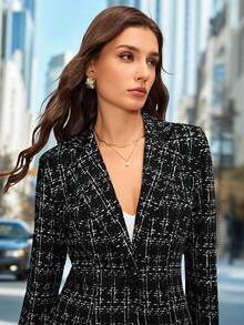 SHEIN Clasi Chaqueta elegante de manga larga con cintura entallada a cuadros para mujer en invierno - Blanco y Negro - Ver 6