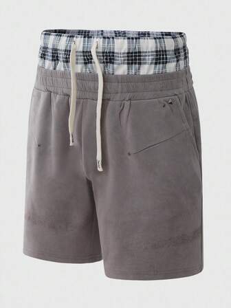 Street Life Herren Lässig Shorts mit amerikanischem Street-Style Patchwork & Doppelter Taillenbund Karomuster
