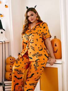 Chillnights Plus Size Faux Silk Shirt Collar Halloween Funny Pumpkin Print Set - Orange - View 10