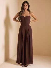 Mono de mujer de color marrón chocolate con tirantes finos y pernera ancha,Mono elegante de unicolor para verano,Cenas,Fiestas de cóctel,Vacaciones & Citas - Marrón - Ver 4