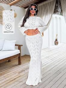 EURMUSE 2pcs/Set Women Knitted Top And High Waist Skirt Cover Up Set, Mature Style, For Summer Beach Vacation - Apricot - View 1