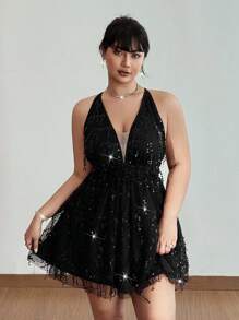 Viva Relle Plus Size Women's Sexy Glamorous Beaded & Sequin Party, Banquet, Wedding Guest Mini Dress, Spaghetti Strap Waist Cinched A-Line Short Dress - Black - View 4
