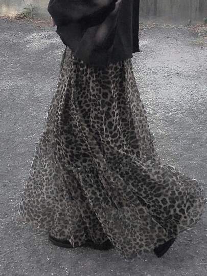 FRIFUL Rok Panjang Wanita dengan Pinggang Elastis, Kain Transparan Motif Leopard, Hem Berkerut, Kasual dan Serbaguna, Musim Gugur