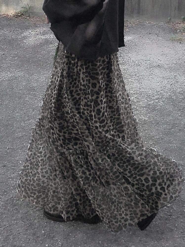 FRIFUL Women's Elastic Waist Sheer Leopard Print Pleated Hem Casual Versatile Skirt, Autumn - Brown - View 1