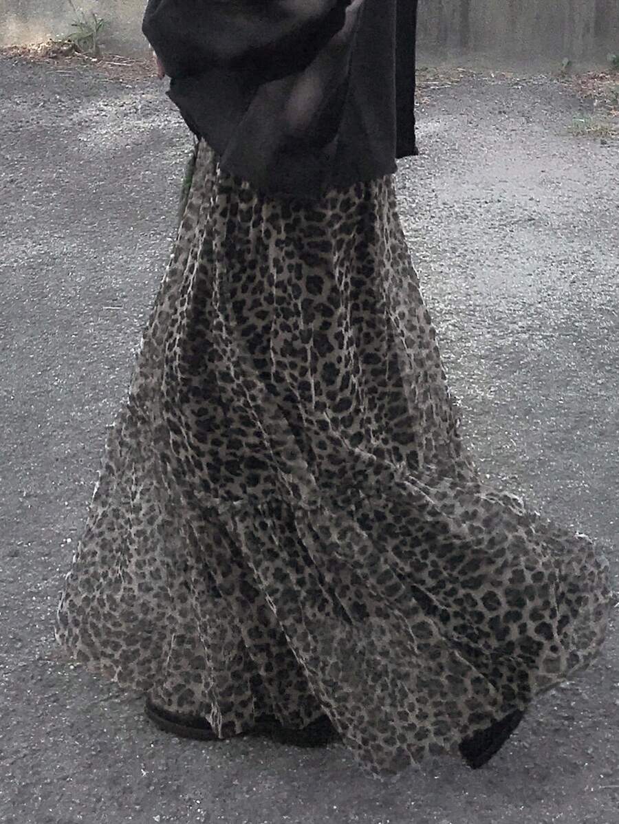 FRIFUL Women's Elastic Waist Sheer Leopard Print Pleated Hem Casual Versatile Skirt, Autumn - Brown - View 1
