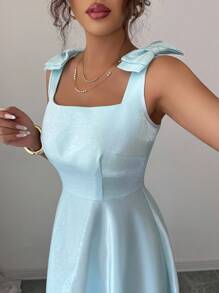 Elenzga Vestido midi de mujer con cuello cuadrado, lazo decorativo y cintura ceñida de tela suave - verde menta - Ver 5