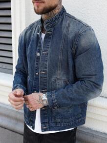Manfinity LEGND 男士长袖休闲做旧口袋牛仔夹克，街头风，适合送给老公或男友，秋季款 - 中等水洗藍 - 查看 5
