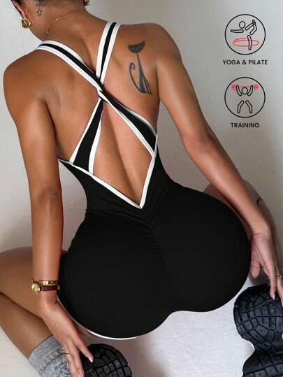 SHEIN Sports 1 件女式红白撞色条纹扭结露背深 V 连体衣