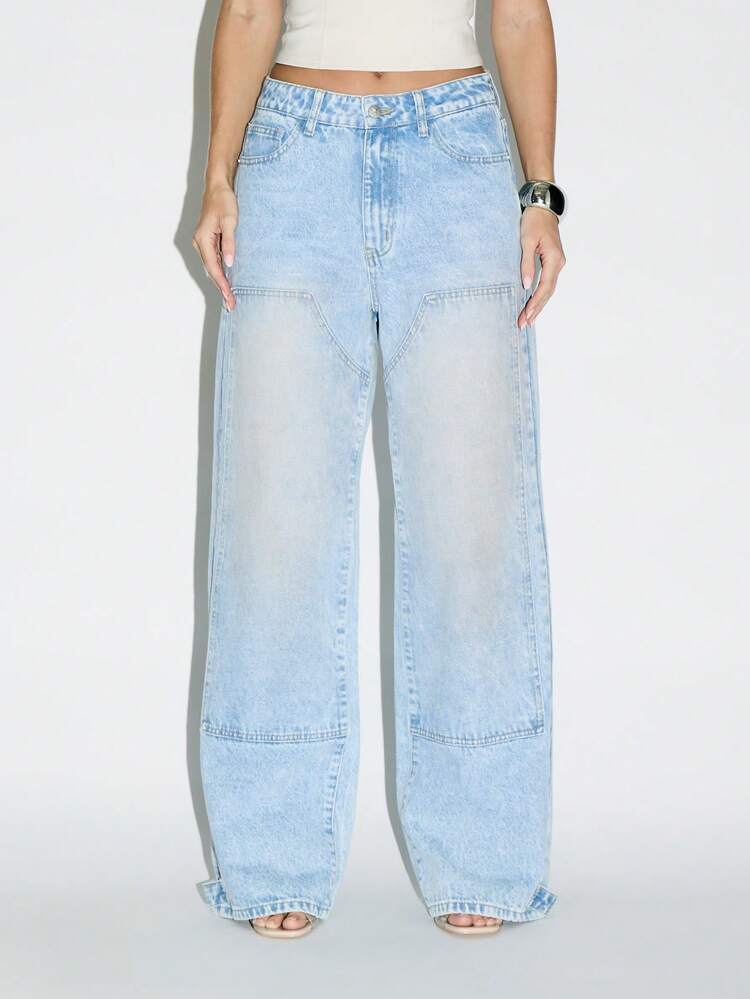 KIZN Jeans de pierna ancha con cintura extra alta, estilo vintage con detalles de paneles y cierre de botones, ideal para el verano y la primavera, moda Y2K, ropa de calle, uso casual y holgado