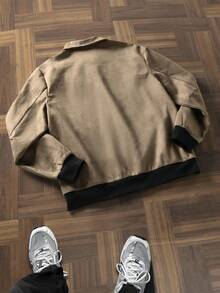 Manfinity Homme 字母印花男士成熟休闲夹克和外套男士图案夹克字母男士夹克男士摩卡飞行员夹克男士绒面革夹克男士拉链夹克，秋季 - 卡其色 - 查看 2