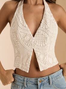 SHEIN BAE 女士杏色腰果花刺绣纹理露背无袖上衣，度假装，优雅衬衫 - 杏色 - 查看 1