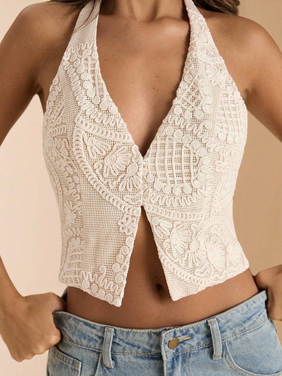 SHEIN BAE 女士杏色腰果花刺绣纹理露背无袖上衣，度假装，优雅衬衫 - 杏色 - 查看 1