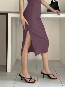 DAZY Đầm midi bodycon màu trơn xẻ tà phía trước cho nữ, váy suông thanh lịch không tay - Màu tím - Xem 3