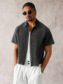 Manfinity EMRG 男士休闲酸洗短袖衬衫 - 黑色 - 查看 7