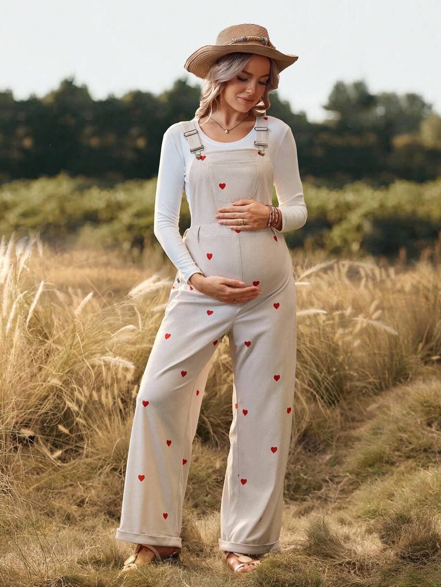 SHEIN 孕妇心形图案无袖休闲宽松直筒连体裤 - 杏色 - 查看 1