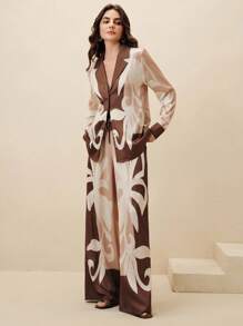 Anewsta 2pcs Coffee Brown Fashionable Casual Chic Printed Wide Leg Pants Suit For Women, Autumn/Winter - Coffee Brown - View 6