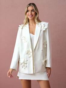 Enchnt Fall/Winter Romantic Women's White 3D Flower Decor Long Sleeve Lapel Blazer,Sweet&Elegant&Fashionable For Vacation&Date&Holiday&Birthday&Party&Graduation&Wedding Guest&Office&Going Out,Back To School,Fall Blazers For Women,Autumn Clothes