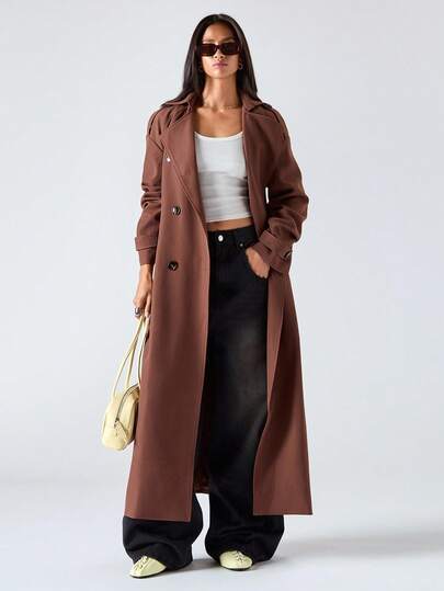 LYSMO Abrigo de trinchera casual de doble botonadura de manga larga con hombros caídos y cuello solapa de unicolor para mujer, ropa de negocios de invierno, ropa de Halloween, ropa de Navidad, ropa de salida para mujer 2025 Nuevo Minimalismo