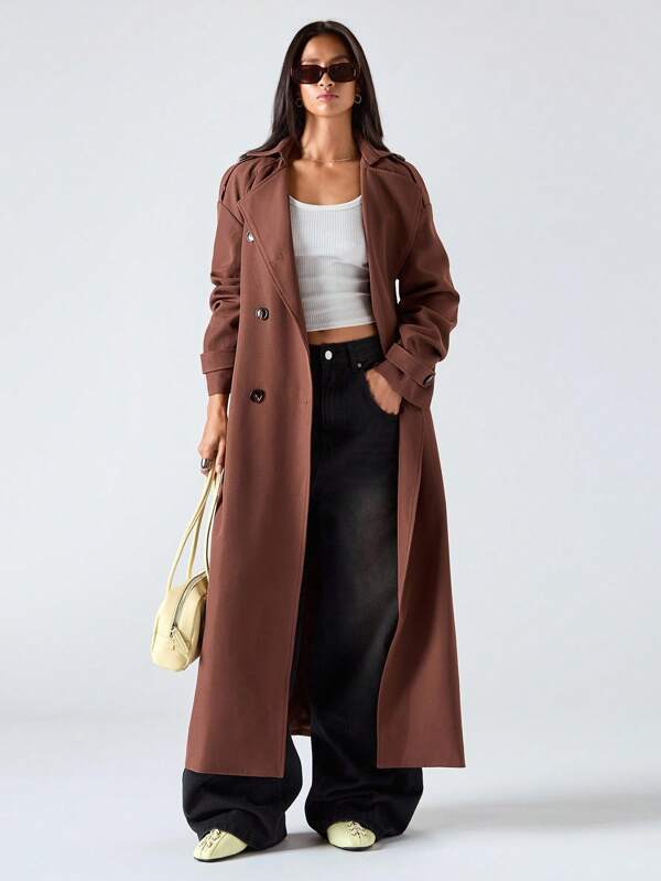 LYSMO Abrigo de trinchera casual de doble botonadura de manga larga con hombros caídos y cuello solapa de unicolor para mujer, ropa de negocios de invierno, ropa de Halloween, ropa de Navidad, ropa de salida para mujer 2025 Nuevo Minimalismo