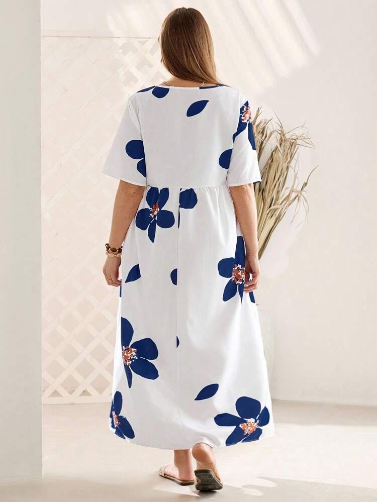 Plus Size Short Sleeve Holiday Colorful Large Floral Print Split Double Pockets Women's Long Dress Suitable For Spring And Summer Gifts For Mother Vacay Vibes Springbreak Casual Wear SS Bohemia Tunic,Flower/Vacation
