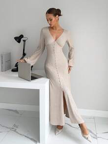 Siren Gaze Women's Autumn/Winter New Textured Deep V-Neck Lantern Sleeve Split Hem Fitted Dress Elegant