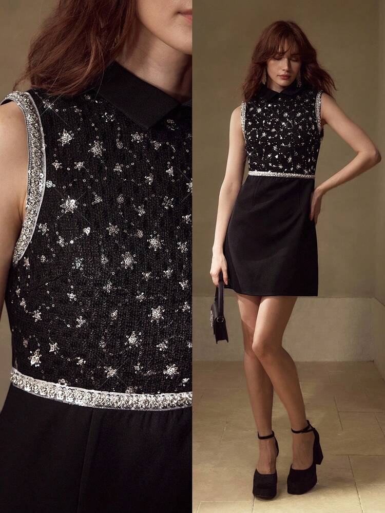 CONTRAST SEQUINS TAPE DETAIL COLLAR SLEEVELESS SHORT DRESS