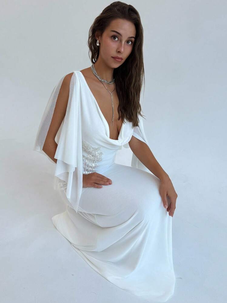Aloruh Vestido Ajustado Bordado com Decote Profundo em Cor Sólida para Mulheres - Branco - Visão 1