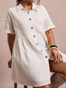 SHEIN VCAY Plus Size Casual Solid Color Floral Embroidery Patchwork Front Button Dress Plus Size White Dress White Button Up Dress Autumn Clothes - White - View 7