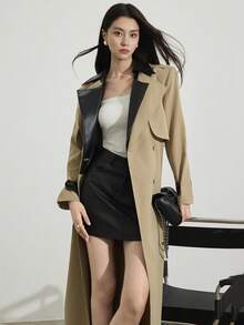 Modelyn 秋冬女士时尚休闲撞色立领腰带风衣 - 卡其色 - 查看 2