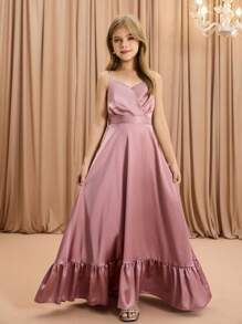 Tween Girl Elegant Luxurious Pink Spaghetti Strap Long Fitted Formal Dress, Suitable For Party, Banquet, Vacation, Evening Party, Wedding, Flower Girl, Christmas, Halloween, Performance, Birthday, Graduation, Back To School And Other Occasions - Pink - View 1