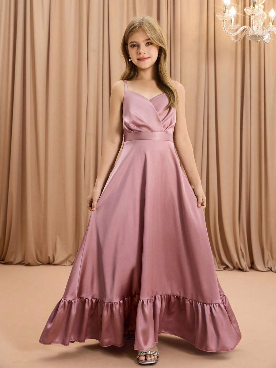 Tween Girl Elegant Luxurious Pink Spaghetti Strap Long Fitted Formal Dress, Suitable For Party, Banquet, Vacation, Evening Party, Wedding, Flower Girl, Christmas, Halloween, Performance, Birthday, Graduation, Back To School And Other Occasions - Pink - View 1