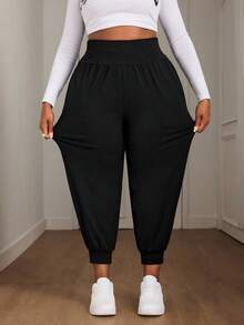 SHEIN PETITE CURVE 大码纯色抽绳裤脚度假休闲裤 - 黑色 - 查看 5
