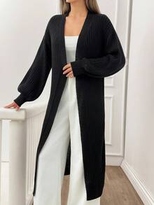 SHEIN Tall Tall Women Casual Solid Black Rib Knit Long Cardigan,Cardigans,Petite