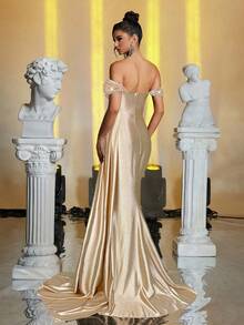 Glamrae 勃艮第红色优雅奢华酒红色露肩 3D 花卉珍珠亮片褶饰美人鱼下摆连衣裙，适合婚礼、派对、鸡尾酒会、节日、舞会（繁重工作） - 香檳色 - 查看 2