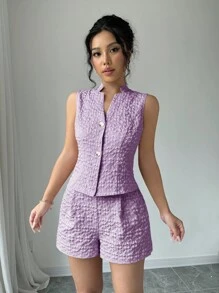 Elenzga 2 件套女士夏季单排扣休闲背心和宽松短裤，2 件套新年衣服 - 紫色 - 查看 3