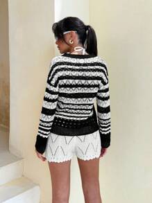 RueChic Black And White Striped Hollow-Out Lace Knit Sweater
