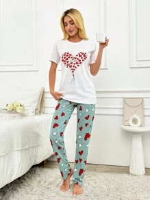 RueChic 2Pcs/Women Heart Print Top And Contrast Heart Printed Sleep Bottoms PJ Set - Multicolor - View 5