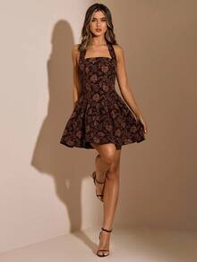 SHEIN BAE 秋冬棕色花卉纹理高领紧身泡泡袖连衣裙，适合约会、夜晚外出、派对、生日、优雅连衣裙、咖啡色连衣裙、生日连衣裙、节日连衣裙 - 棕色 - 查看 1