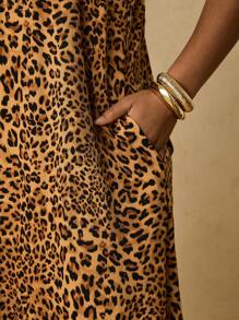 SHEIN VCAY 大码休闲无袖连衣裙，带口袋，宽松中长款复古波西米亚沙滩裙，女式豹纹长裙，秋季户外连衣裙 - 棕色 - 查看 7