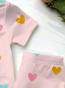 SHEIN Happikins Baby Girl Casual Cute Colorful Heart Print Snug Fit Round Neck Comfortable Short Sleeve Pants Pajamas, Ballet Pink - Multicolor - View 7