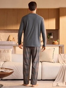 Manfinity Underwear&Sleepwear Basics 男士格子口袋长袖上衣和裤子两件套睡衣套装，男士家居服睡衣，秋冬服装 - 深灰色 - 查看 2