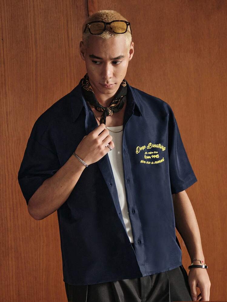 SWAVVY 男士夏季休闲街头刺绣落肩宽松衬衫 - 藍色 - 查看 3