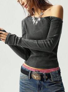 Bohemela Maglietta donna casual a maniche corte, asimmetrica al collo, in maglia a tinta unita