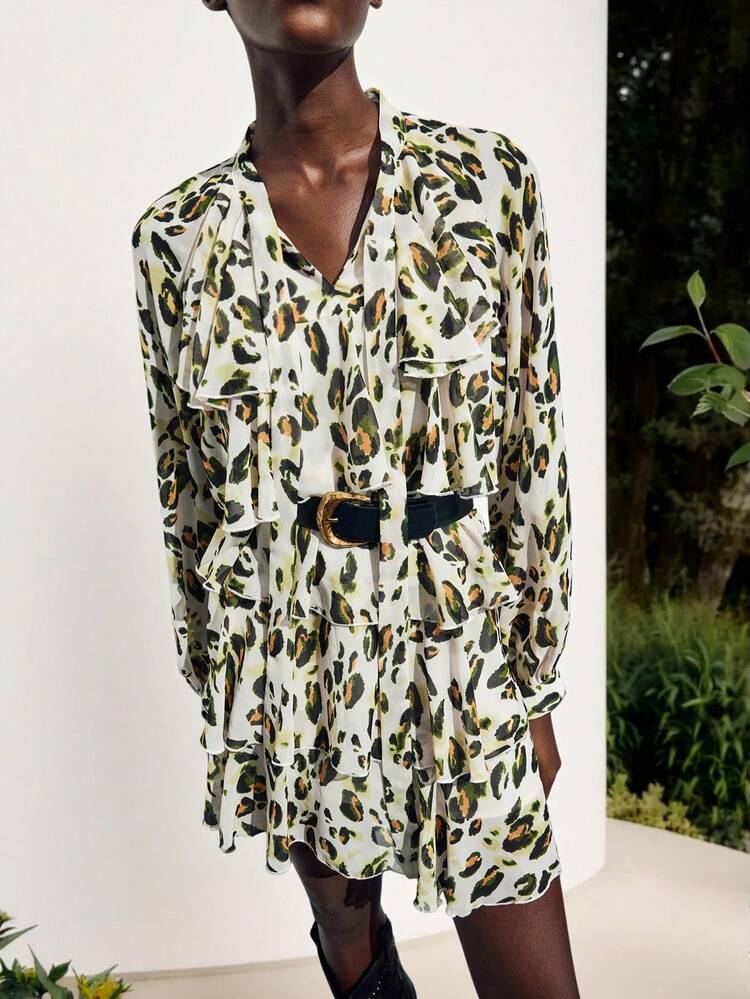 SHEIN Maija Women's Leopard Print Lantern Sleeve Layered Ruffle Hem Fashion Mini Dress Western Clothes For Women Clothes For Women Going Out Dress Casual Dresses For Woman Sexy Dresses For Women Western Dress Flowy Dress Leopard Print Boho Women Clothing Bohemian Clothes For Women