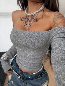 Coolane Maglietta a maniche lunghe a righe grigie e nere, senza spalle, per uso quotidiano e uscite, stile grunge, per donna