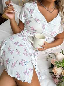 CottageSlumber Romantic-Flora Women's Knit Collar Bow Decor Romantic Floral Print Short Sleeve Nightgown Women Pajama Gown Women Pajama Dress Women Sleepwear Women Floral Sleepwear Floral Pajama Dress  Cozy And Elegant Details - Multicolor - View 4